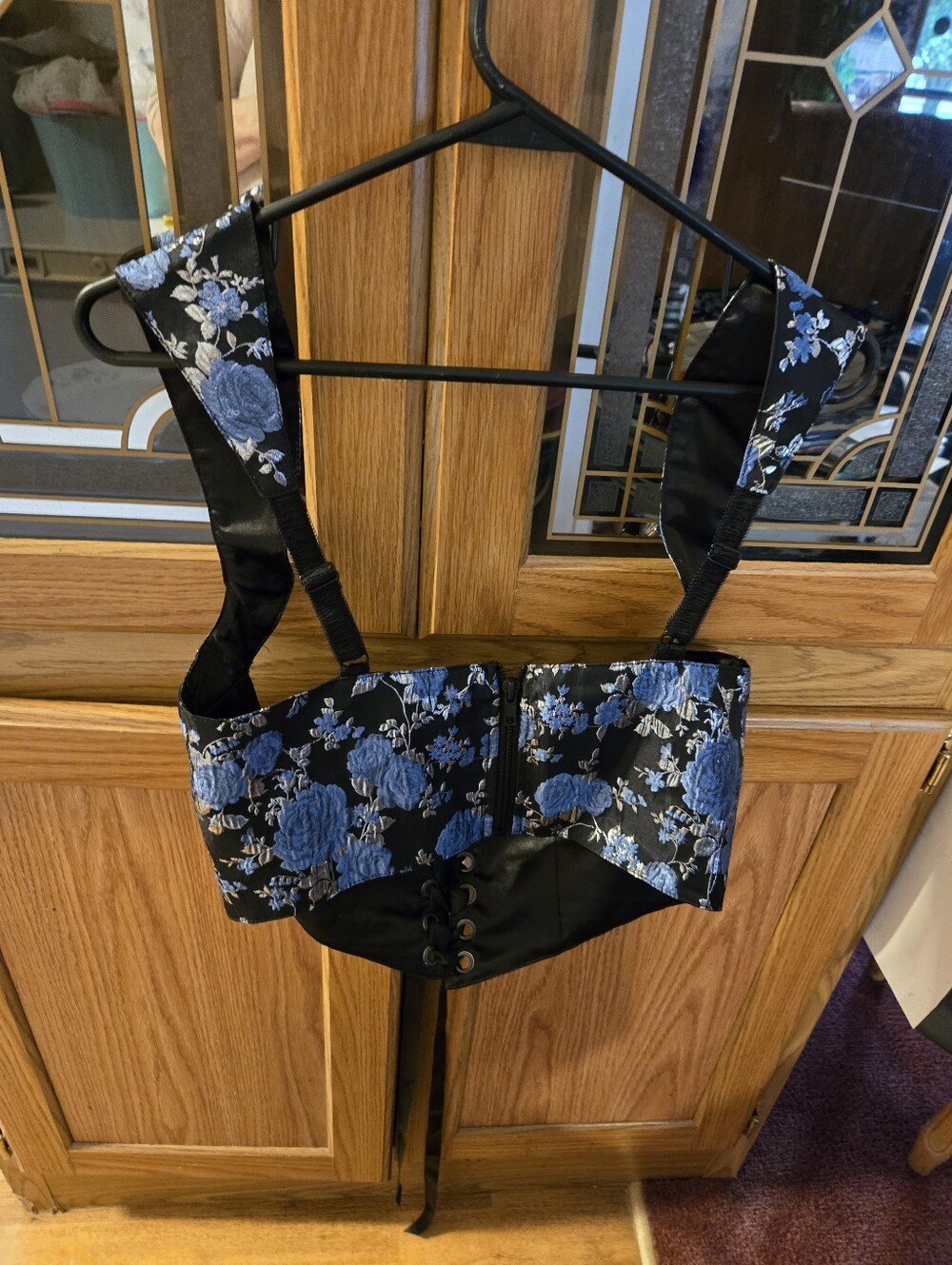S. the Widow Black Bustier with Blue Floral Embroidery